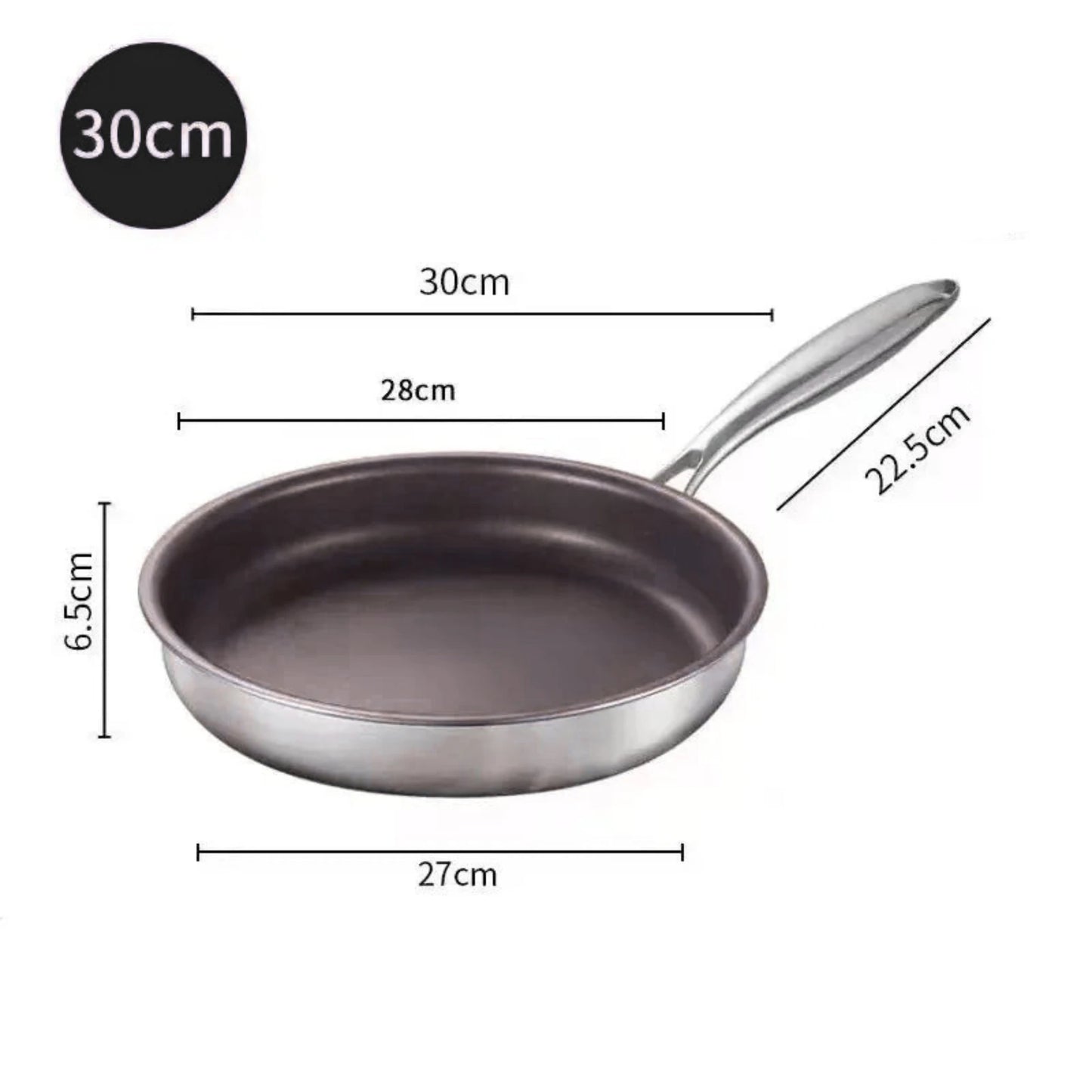 304 Stainless Steel Uncoated Frying Pan - Available in 22cm, 24cm, 26cm, 28cm & 30cm
