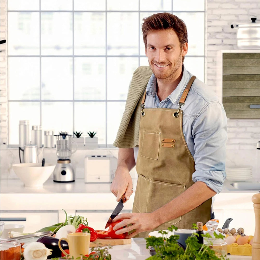 Canvas Chef Apron with Cross Back Straps – Cotton Kitchen Work Apron with Large Pockets – Best for Cooking, Baking & Grilling – Available in Dark Khaki, Blue, Black, White & Dark Grey Colours
