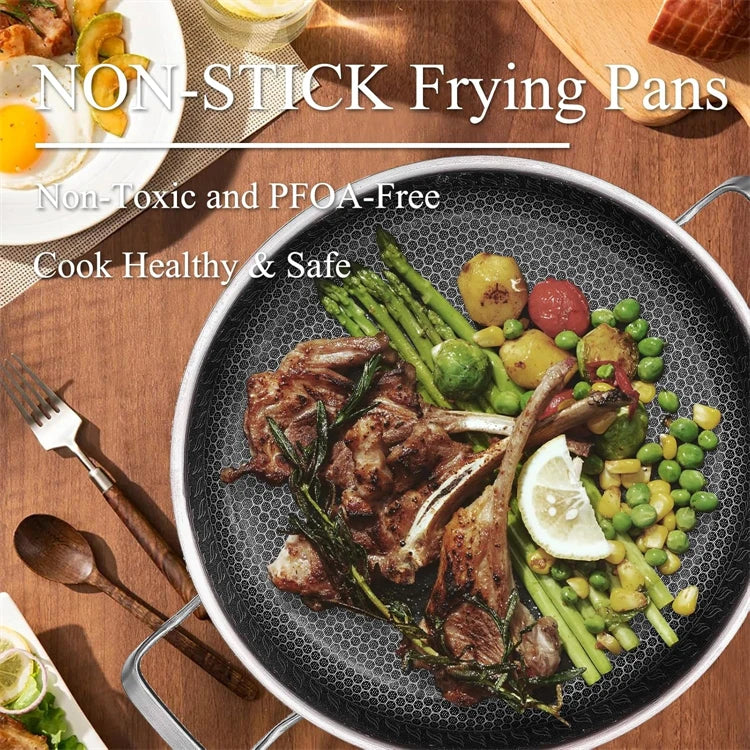 Honeycomb Tri-Ply Stainless Steel Skillet / Paella Pan – Non-Stick Frying Pan with Glass Lid Perfect for Searing, Stir-Frying & One-Pan Meals or preparing paella, Available in 26cm, 28cm, 30cm, 32cm