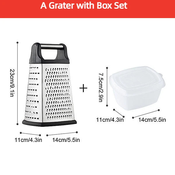 4-Sided Stainless Steel Grater with Storage Box Container-Perfect for Cheese and Vegetable Prep in the Kitchen-Size:23 x 14 x 11.5 cm