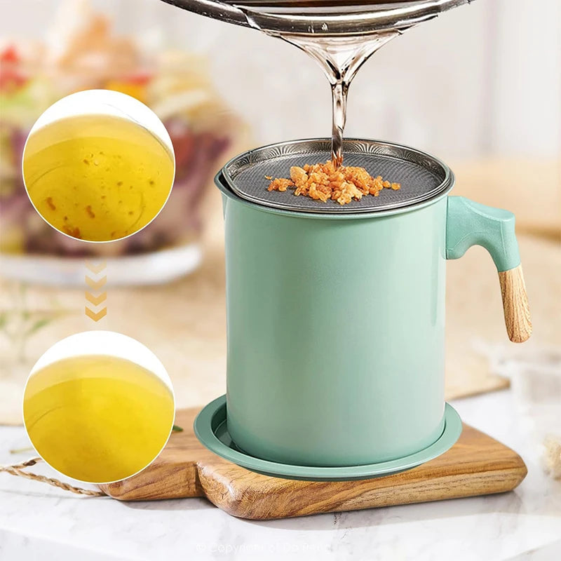 1.4L Stainless Steel Cooking Oil Storage Pot with Strainer – Oil Filter Container & Grease Keeper – Great for Reusing Frying Oil – Available in Pink, Green & Light Green Colours