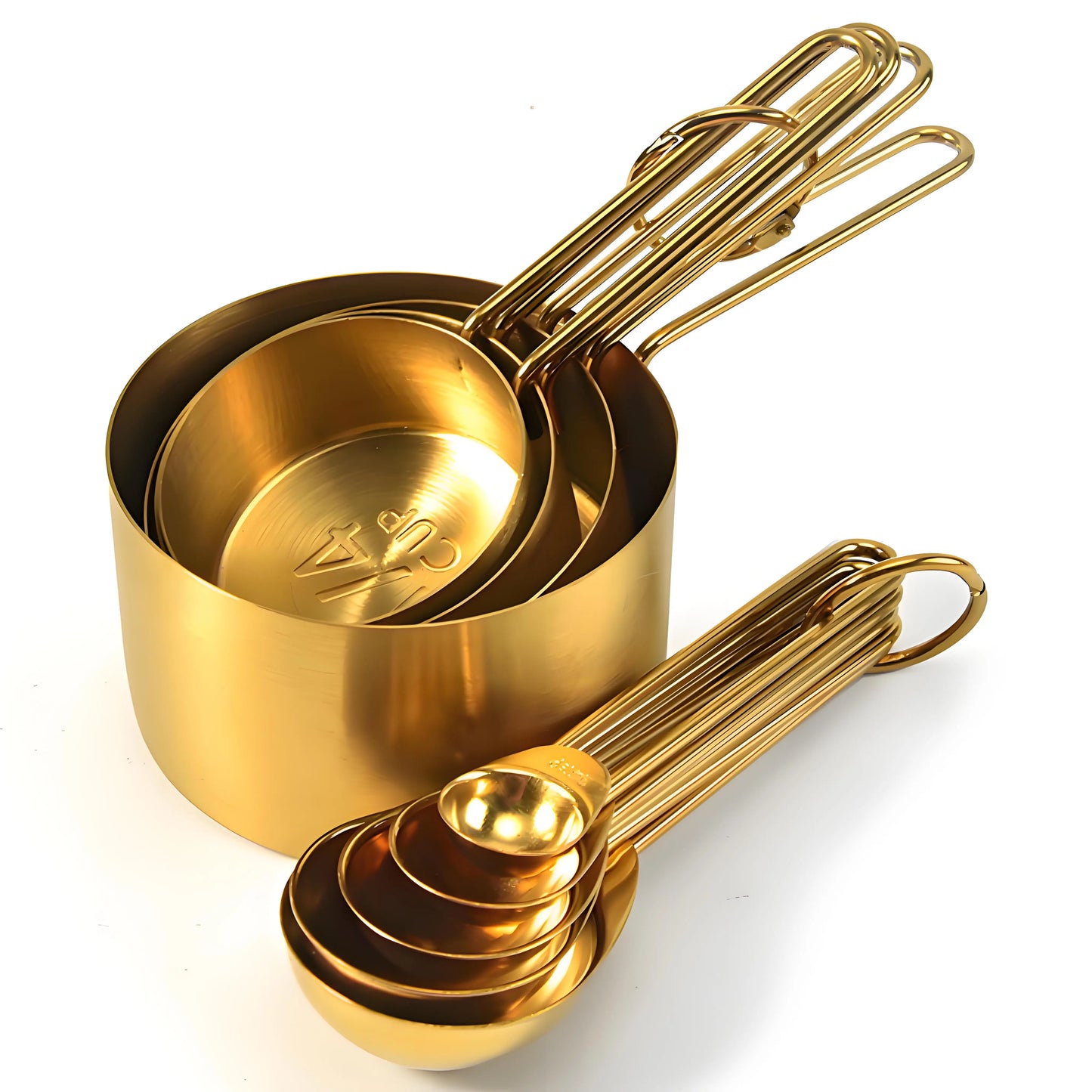 Golden Stainless Steel Measuring Cups & Spoons Set – Stackable Kitchen Tools for Baking, Coffee & Cooking, Available as 4 Cups, 5 Spoons or 9-Piece Set