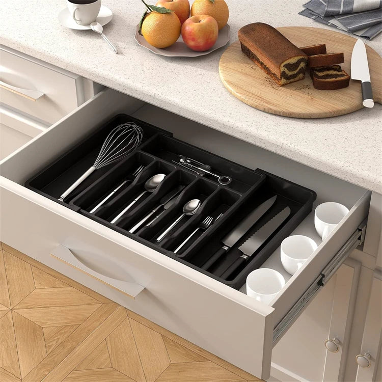 Expandable Cutlery & Utensil Drawer Organiser Tray – Adjustable Flatware Holder – Perfect for Kitchen Drawers – Available in Black, White & Grey Colours
