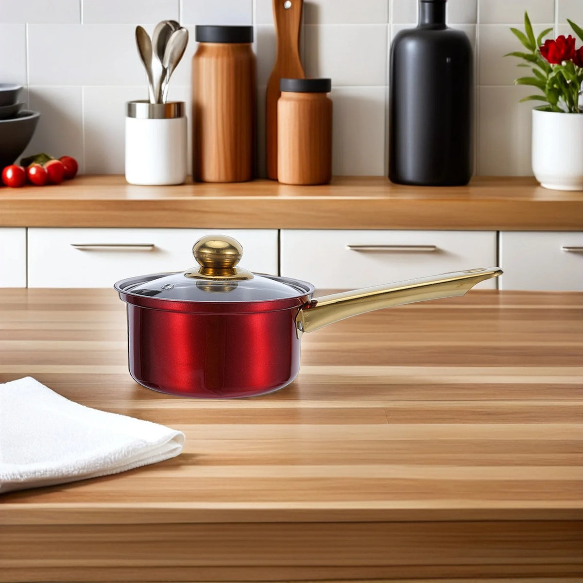 Red Non-Stick Stainless Steel Pots & Pans Set with Glass Lids – 6 Piece Thickened Cookware Set – Great for Induction, Gas, Electric & Ceramic Hobs