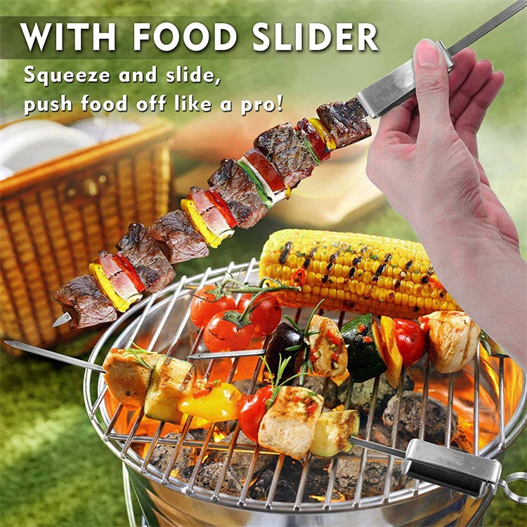 8 Pack Heavy-Duty Stainless Steel Kebab Skewers with Push Bar – Reusable BBQ Grill Skewer Sticks – Ideal for Kebabs, Halloumi & Vegetable Skewers – Available in 35cm, 41cm & 45.6cm