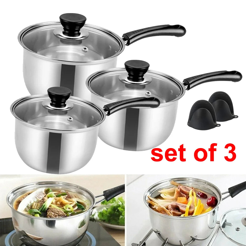 3 Piece Stainless Steel Milk Pan Set with Glass Lids & Gloves – Single Layer Saucepans – Great for Milk, Sauces & Gas Hobs