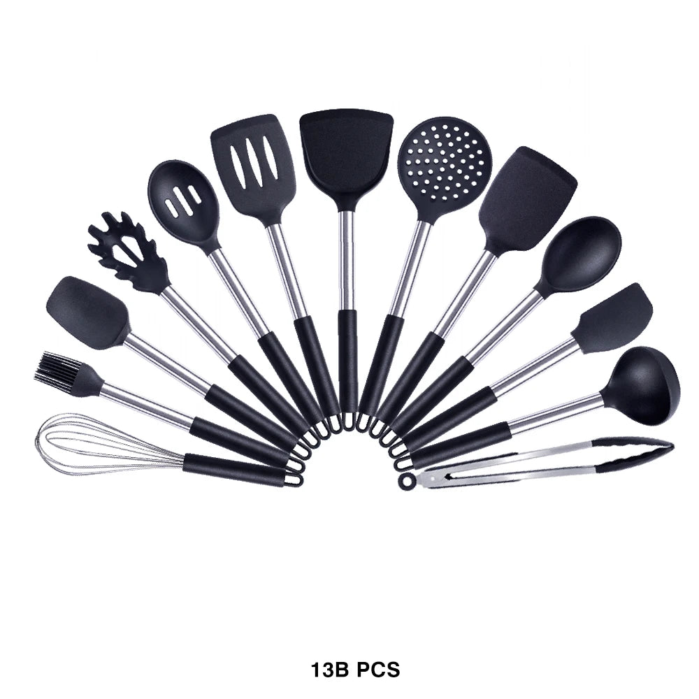 Silicone Kitchen Utensils Set with Stainless Steel Handles – Non-Stick Safe, Heat Resistant | Grey & Black | Available in 5 to 15-Piece Sets