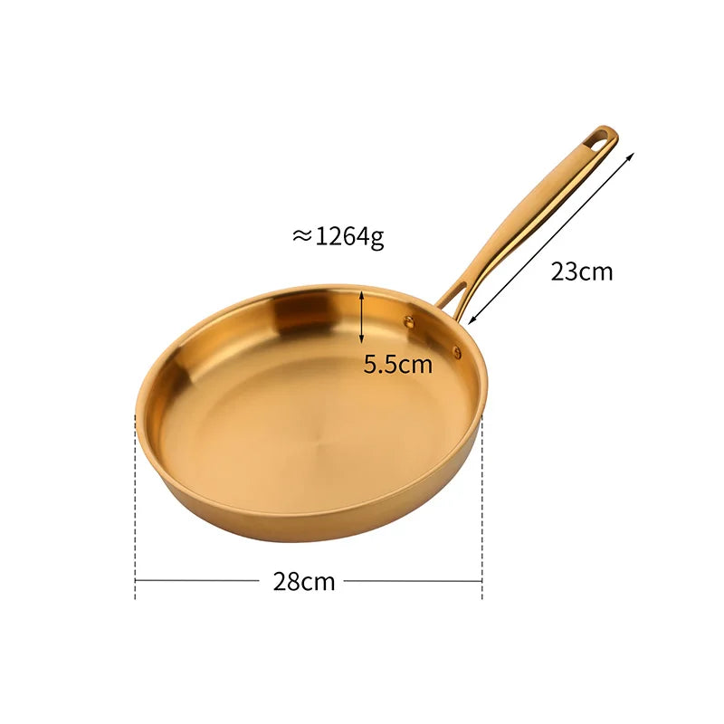 Golden Stainless Steel Frying Pan with Long Handle – Skillet Made from Premium 304 Food-Grade Stainless Steel – Great for Pan-Frying, Searing Steak, Stir-Frying & Daily Meals – Compatible with Induction, Gas &amp; Electric Cooktops (28cm)