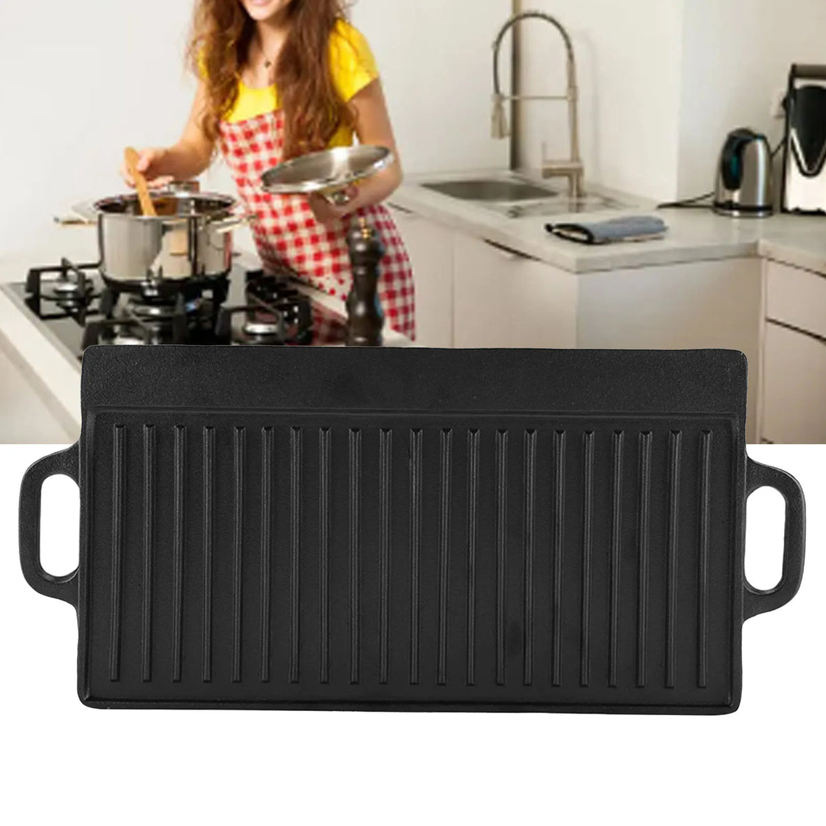 Rectangular Cast Iron Grill Pan – Double-Sided Ridged & Flat Griddle Plate with Dual Handles – Best for Steaks, Burgers & Toasties