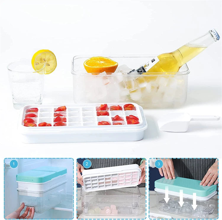 Stackable Silicone Ice Cube Tray Set with Storage Bin – 2 Trays & 64 Nugget Ice Moulds – Best for Chilling Drinks & Freezing – Available in Pink, Blue, Green & Orange Colours