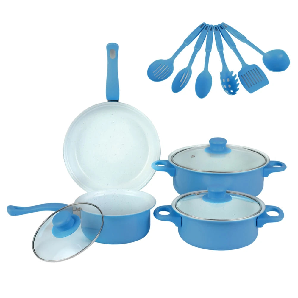 12 Piece Maifan Stone Non-Stick Cookware Set – Stackable Deep Frying Pan, Milk Pot & Cooking Pot with Lids – Best for Quick Breakfasts & Family Dinners – Available in Black, Blue & Pink Colours