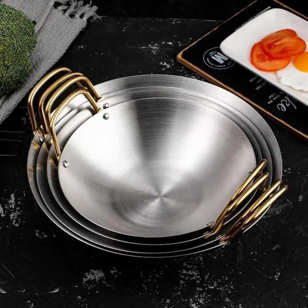 Stainless Steel Wok with Golden Dual Handles – Thick, Durable Chef’s Cooking Wok Pan – Perfect for Stir-Frying, Deep-Frying, Steaming, Boiling, Searing, Smoking & More – Available in 22cm, 24cm, 26cm, 28cm & 30cm Size