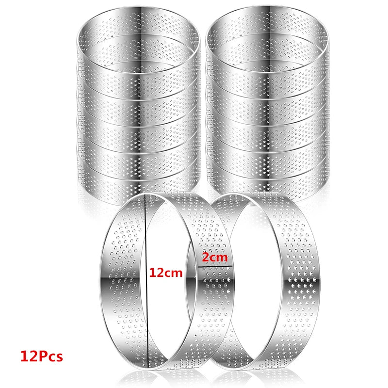 12 Piece Perforated Stainless Steel Tart Rings – Non-Stick Round Cake & Mousse Rings – Ideal for Tarts, Mousse Cakes & Desserts