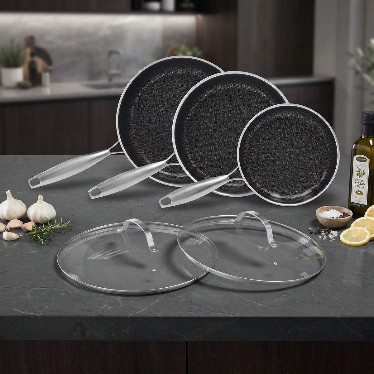 Honeycomb Stainless Steel Non-Stick Frying Pan Set with Lids – 3 Piece 3-Ply Induction Skillets 20cm, 25cm & 28cm – Ideal for Searing, Frying & Everyday Cooking