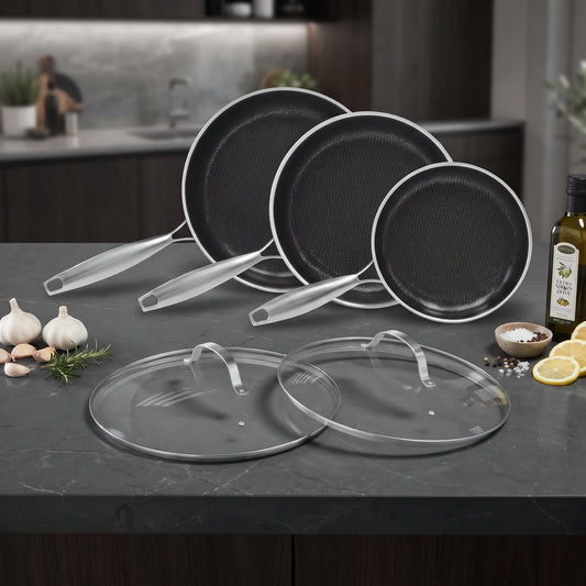 Honeycomb Stainless Steel Non-Stick Frying Pan Set with Lids – 3 Piece 3-Ply Induction Skillets 20cm, 25cm & 28cm – Ideal for Searing, Frying & Everyday Cooking