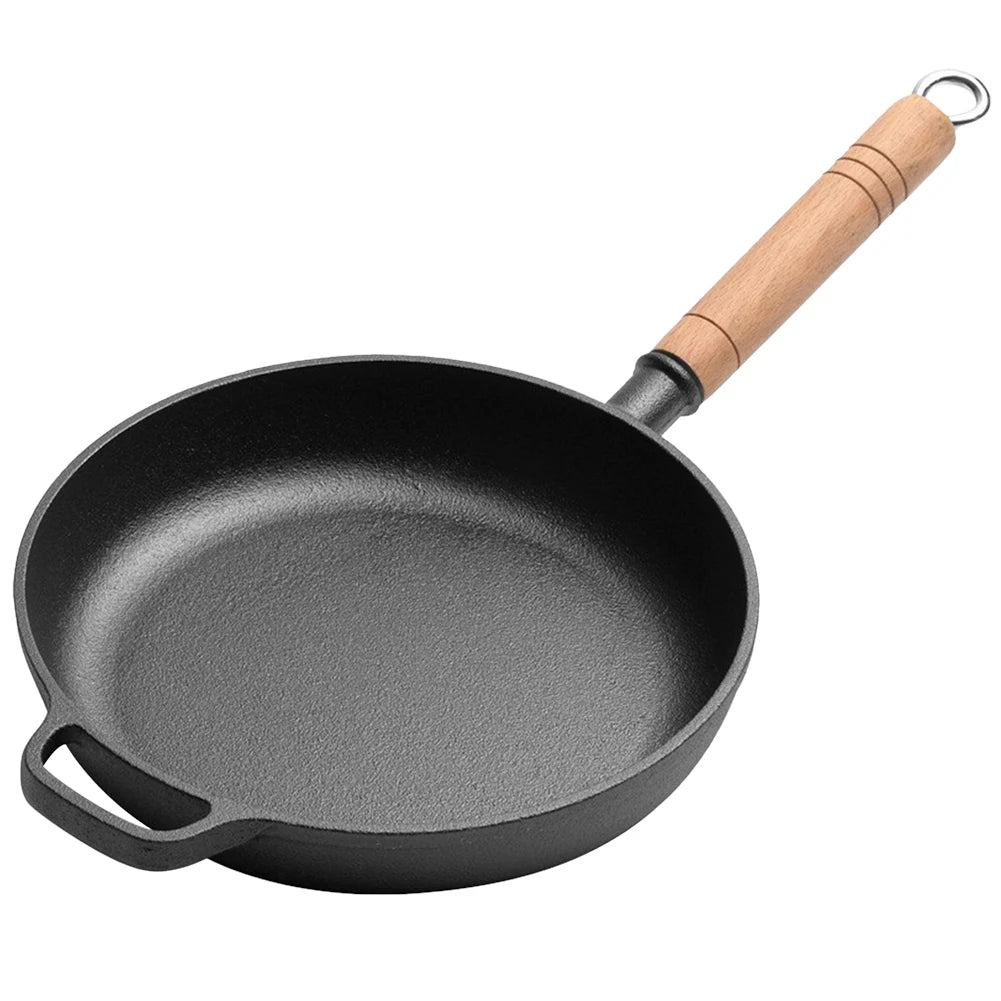 Old-Fashioned Pre-Seasoned Cast Iron Pan with Wooden Handle – Flat-Bottomed Design for Superior Heat Retention & Even Distribution – Uncoated Non-Stick Surface Ideal for Searing, Sautéing, Pan-Frying & Stir-Frying Camping Skillet
