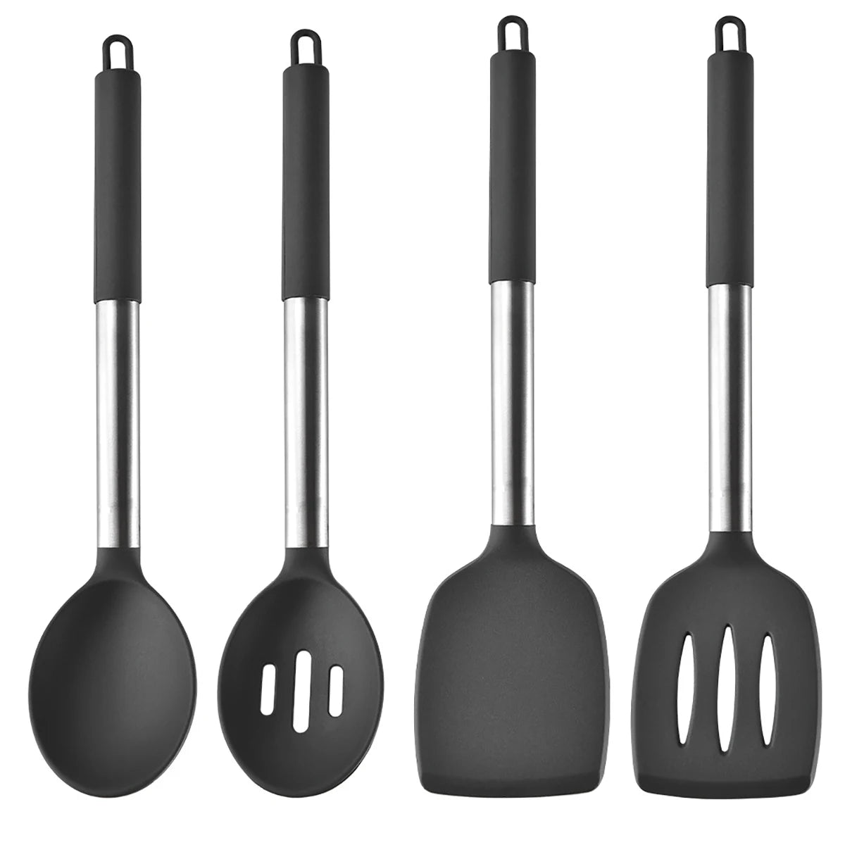 Silicone Kitchen Utensils Set with Stainless Steel Handles – Heat-Resistant & Safe for Non-Stick Cookware – Ideal for Daily Cooking – Available in Multiple Colours & Various Piece Set Options