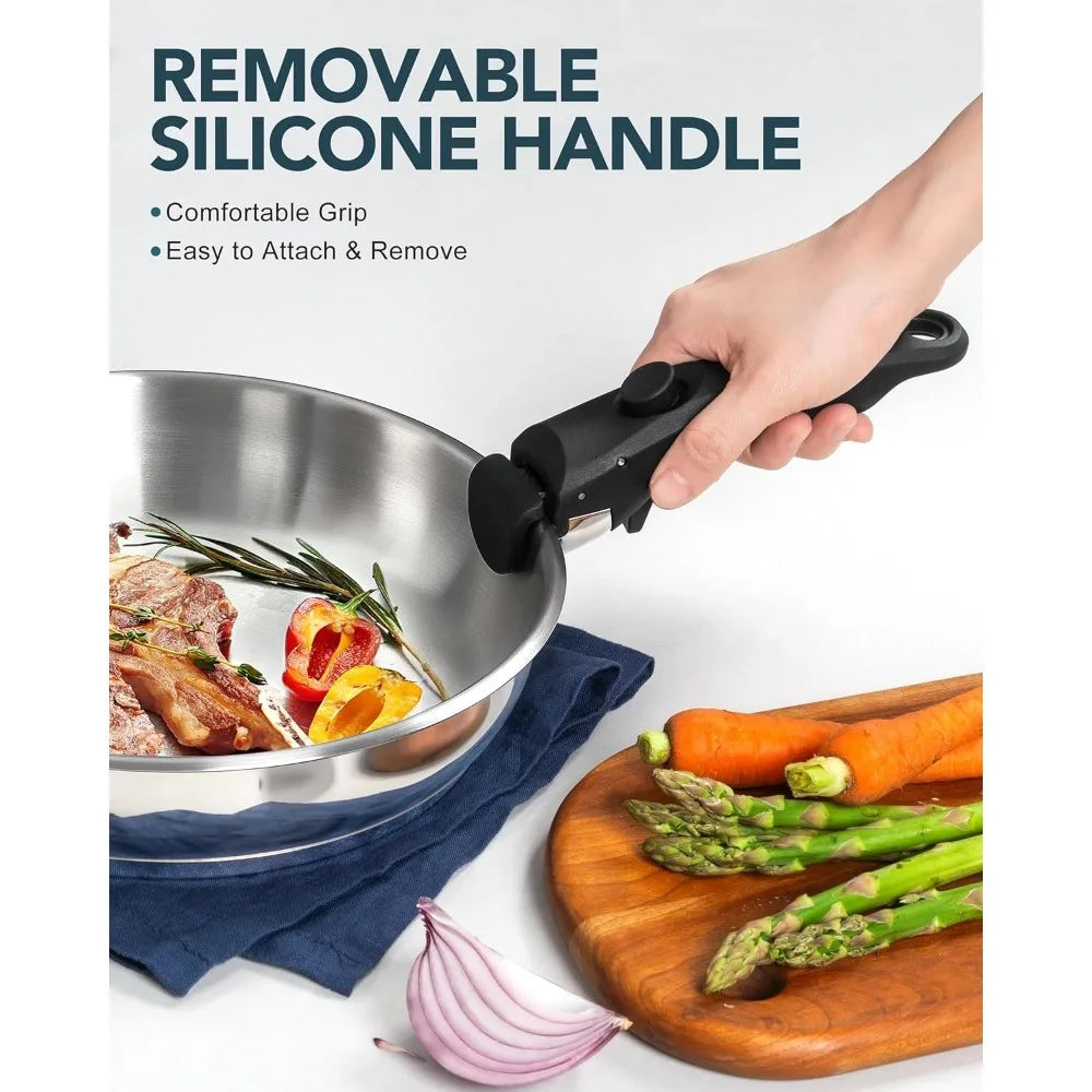 3 Piece 18/10 Stainless Steel Frying Pan Set with Removable Handle – Tri-Ply Stackable Pans 20cm, 24cm & 28cm – Best for Compact Kitchens & Family Meals