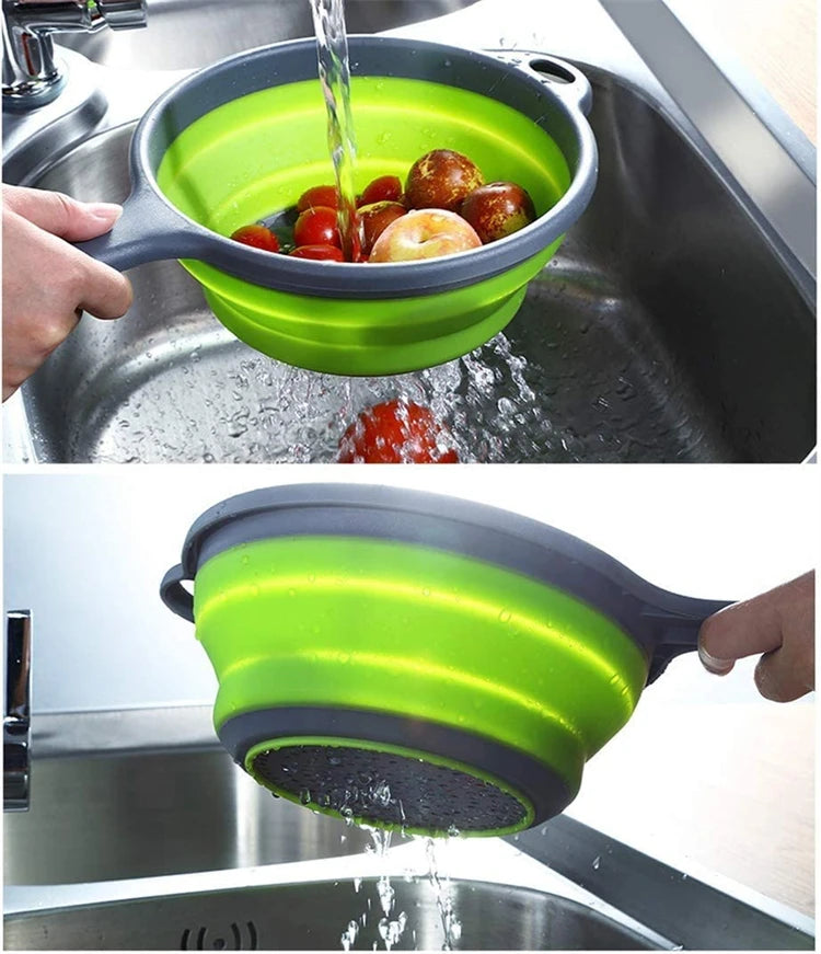 Collapsible Silicone Colander with Handle – Folding Strainer for Pasta, Vegetables & Fruit – Ideal for Small Kitchens, Caravans & Camping – Available in Green, Orange, Blue & Red Colours