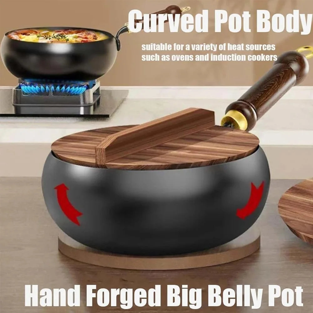 Deep Iron Wok with Wooden Lid – Hand-Hammered Uncoated Belly Wok for Stir-Frying, Stewing & Searing – Best for All Hobs (26cm)