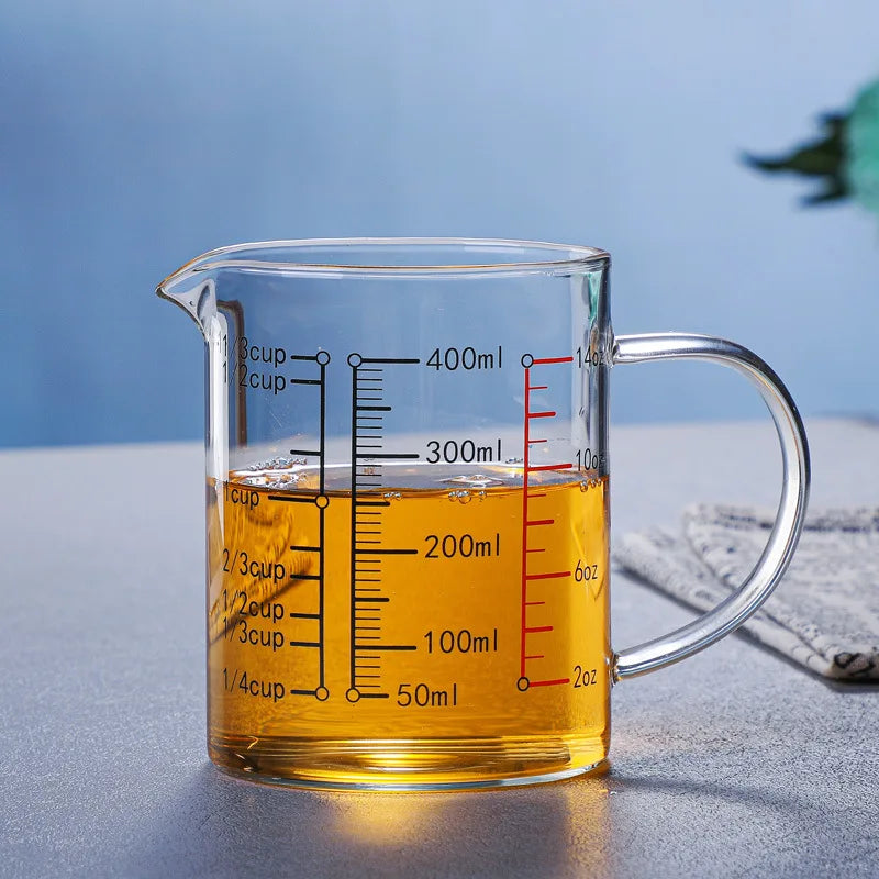 Borosilicate Glass Measuring Jug with Handle & V-Shaped Spout – Clear Scale Measuring Cup – Best for Baking, Liquids & Microwave Use – Available in 400ml, 500ml, 600ml & 1000ml