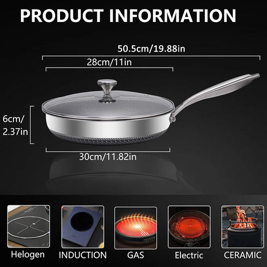 28cm Honeycomb Stainless Steel Nonstick Frying Pan with Glass Lid – 304 Stainless Steel, Scratch Resistant, Induction Compatible, Great for Frying, Sautéing, and Everyday Cooking