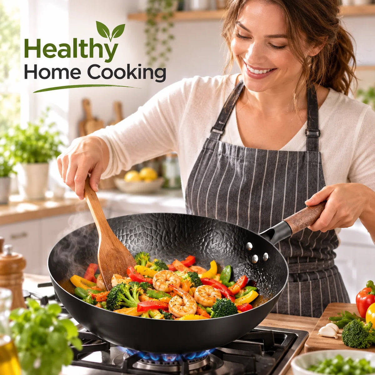 Iron Wok with Wooden Lid – Uncoated Carbon Steel Stir-Fry Wok, Restaurant Style – Ideal for Gas, Electric & Induction Hobs (32cm)