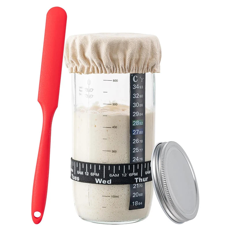 730ml Glass Sourdough Starter Jar Kit – 24oz Fermentation Jar with Date Marked Feeding Band – Great for Homemade Sourdough Bread