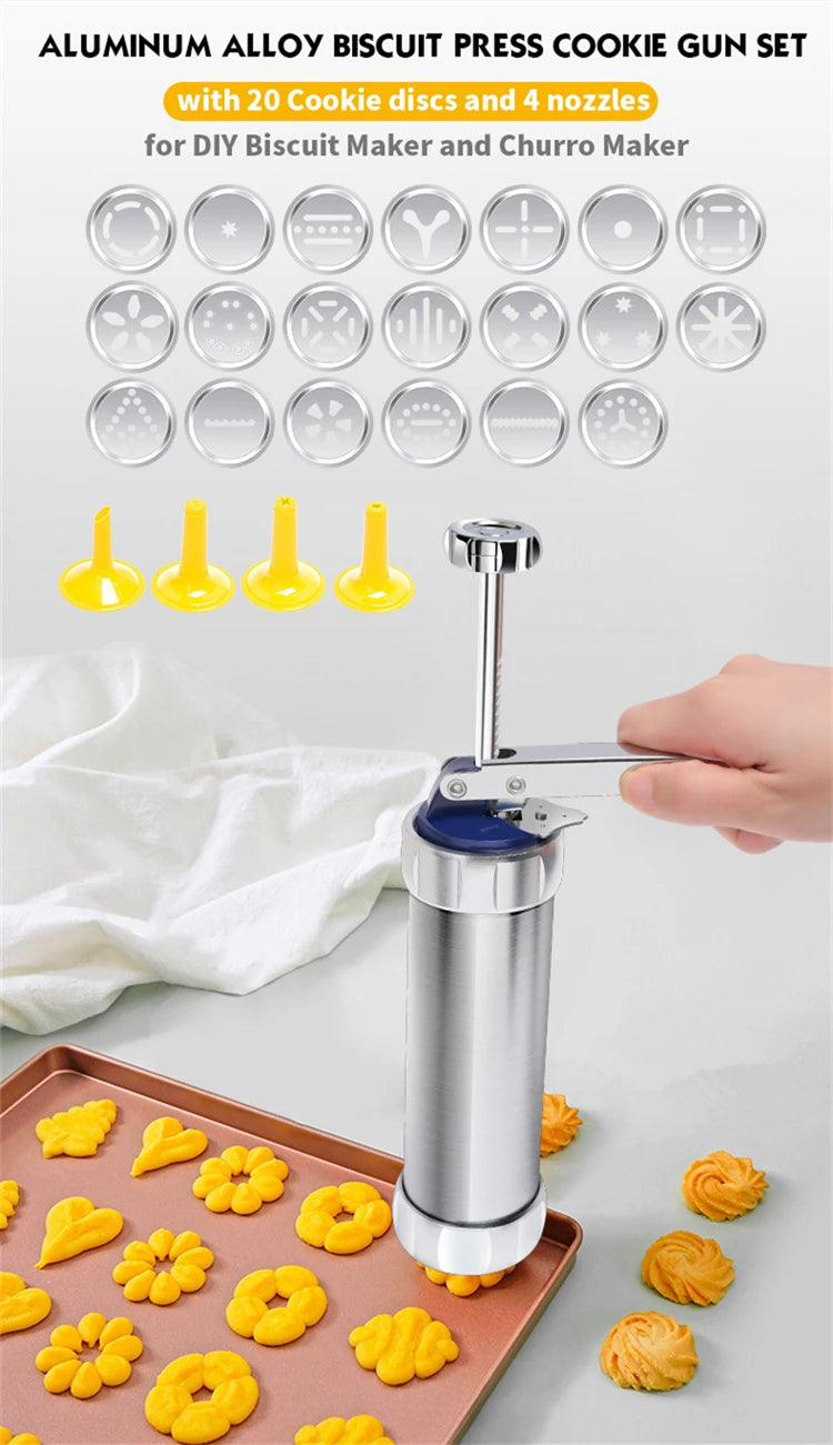 Stainless Steel Cookie Press Gun Kit – Biscuit Press with 20 Discs & 4 Icing Nozzles – Great for Homemade Biscuits & Decorating