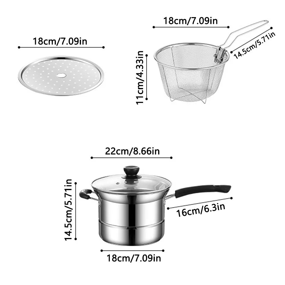 Stainless Steel Chip Pan with Frying Basket & Glass Lid – Deep Fat Fryer & Soup Pot with Encapsulated Base – Ideal for Chips, Noodles & Soups