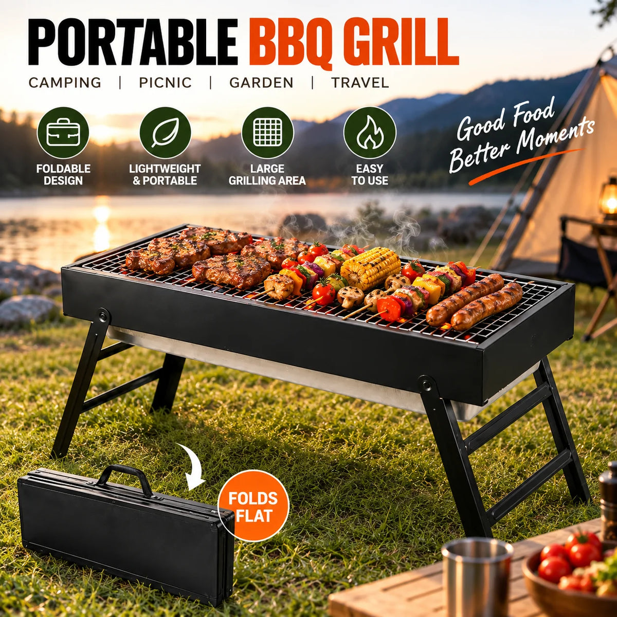 Portable Folding Charcoal BBQ Grill – Compact Stainless Steel Camping Barbecue – Perfect for Picnics, Garden & Travel (60 x 22.5 x 32cm)