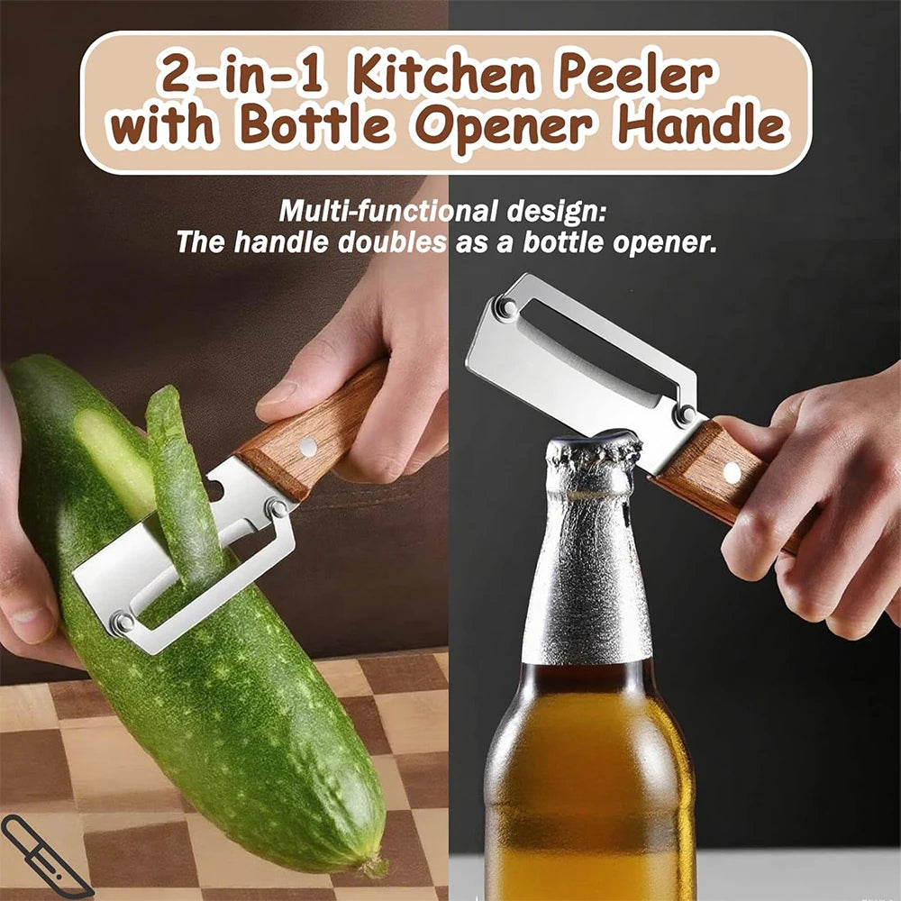 2 in 1 Stainless Steel Vegetable Peeler with Bottle Opener – Wooden Handle Potato, Carrot & Pumpkin Peeler – Great for Everyday Veg Prep