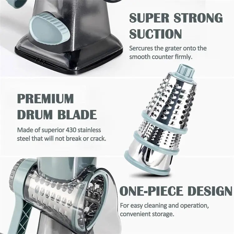 3 in 1 Rotary Cheese Grater – Easy-to-Swap Stainless Steel Interchangeable Rotating Drum Blades for Effortless Slicing, Shredding, and Grating (Available in Grey, White, and Red Colours)