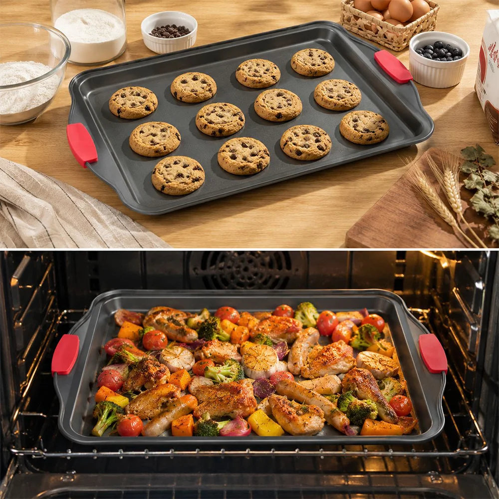 3 Piece Non-Stick Carbon Steel Baking Tray Set with Silicone Handles & Cookie Cutters – Best for Biscuits, Cakes & Roasting