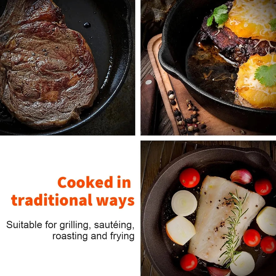 3 Piece Cast Iron Skillet Set with Oven Glove & Silicone Brush – Pre-Seasoned Frying Pans 16cm, 20cm & 26cm – Great for Searing, Baking & Oven Cooking