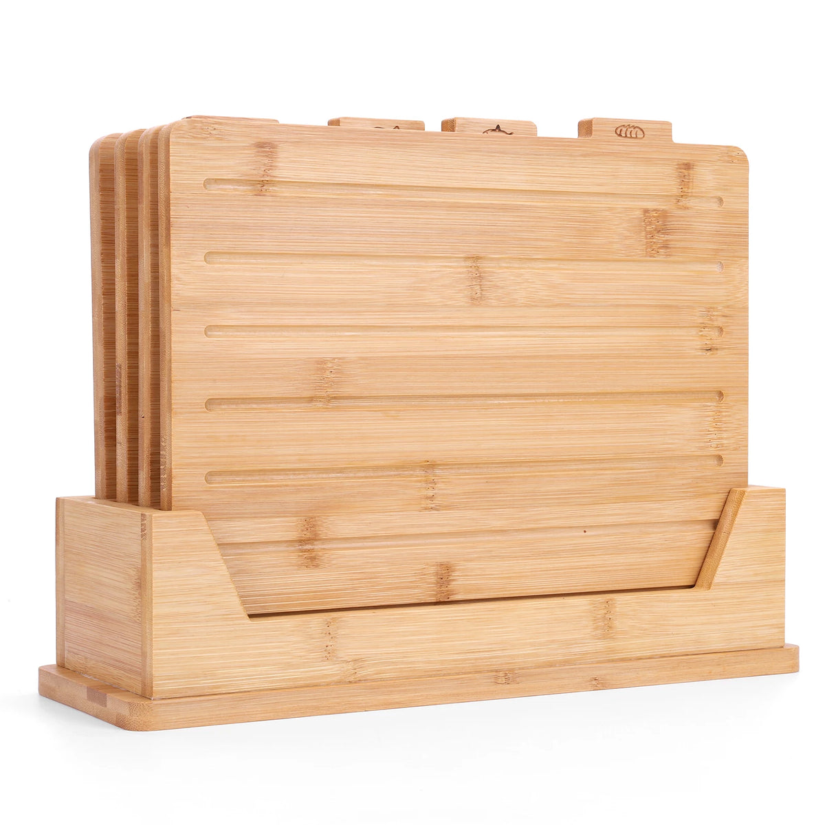 4 Piece Bamboo Chopping Board Set with Holder – Engraved Food Icon Boards with Juice Grooves – Perfect for Food Separation & Meal Prep