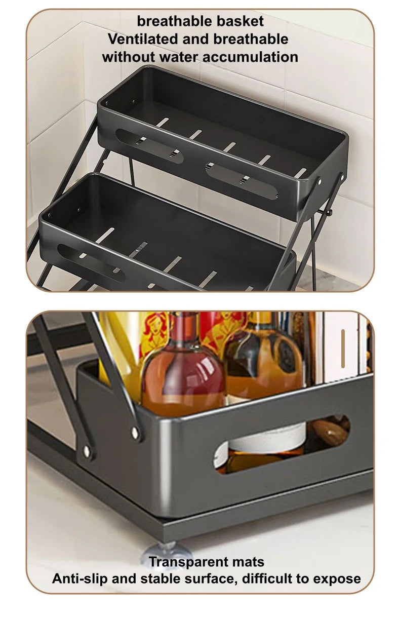 3-Tier Height-Adjustable Pull-Out Kitchen Spice Rack – Countertop Storage Organiser for Spice Bottles, Oils & Jars, Foldable & Rust-Resistant, Available in Black & White