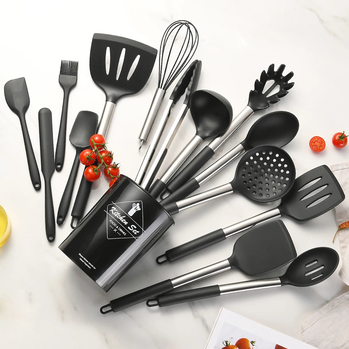 15-Piece Silicone Kitchen Utensils Set – Heat-Resistant Spatulas, Spoons, Turners, Brush, and Whisk, Perfect for Non-Stick Cookware,Available in Black, Grey & Khaki