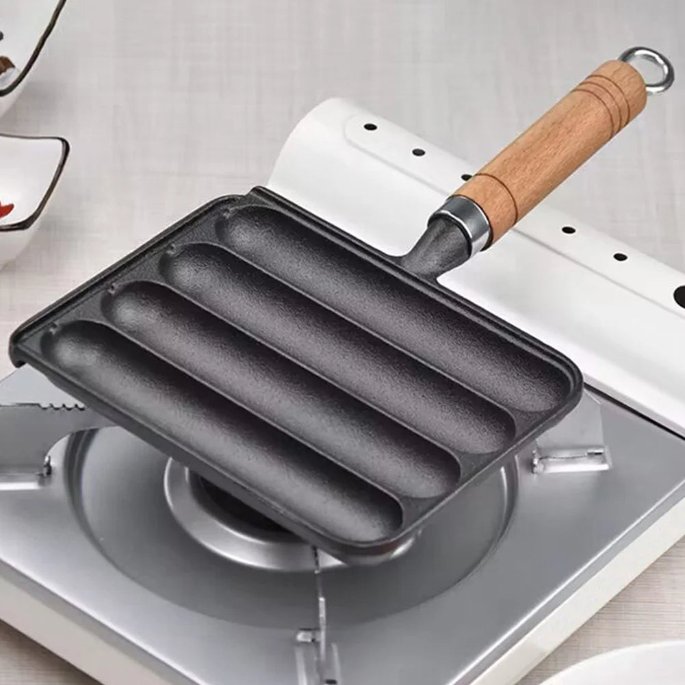 Cast  Iron Preseasoned Grilled Sausage Pot Nonstick Hot Dog Pan With Wooden Handle Hot Dog  Anti Scald