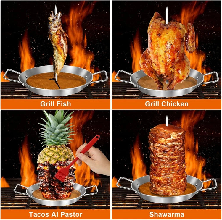 Stainless Steel Vertical Al Pastor Skewer with Base Plate – Brazilian Style Vertical Spit Stand – Perfect for Shawarma, Tacos & Outdoor BBQ Grills – Available in 4 Pieces, 6 Pieces & 8 Pieces