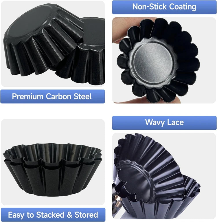 Non-Stick Carbon Steel Mini Tart Pans – Fluted Egg Tart & Muffin Tins – Perfect for Tarts, Quiches, Pies & Desserts – Available in 4, 8 & 12 Pieces