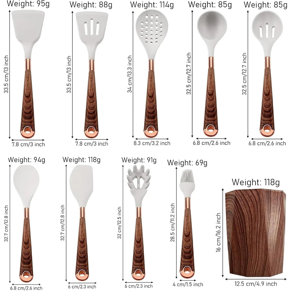 10-Piece Silicone Kitchen Utensils Set with Wooden-Effect Handles & Matching Utensil Holder – Heat-Resistant, Non-Stick Safe & Easy to Clean – Includes Spatulas, Spoons, Turners, Pasta Server, Brush & Skimmer – Perfect for Daily Cooking & Modern Kitchens
