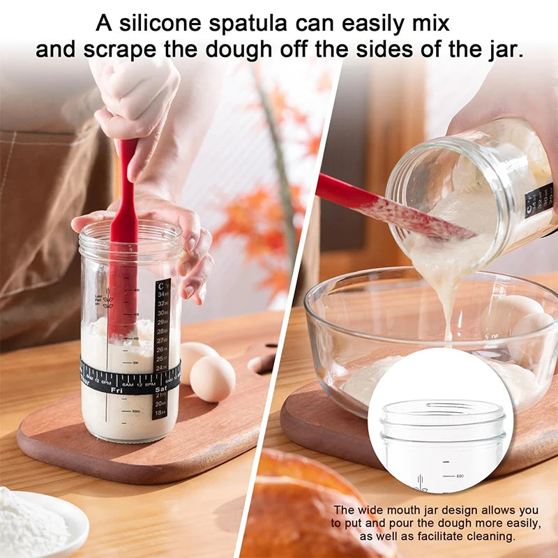 730ml Glass Sourdough Starter Jar Kit – 24oz Fermentation Jar with Date Marked Feeding Band – Great for Homemade Sourdough Bread
