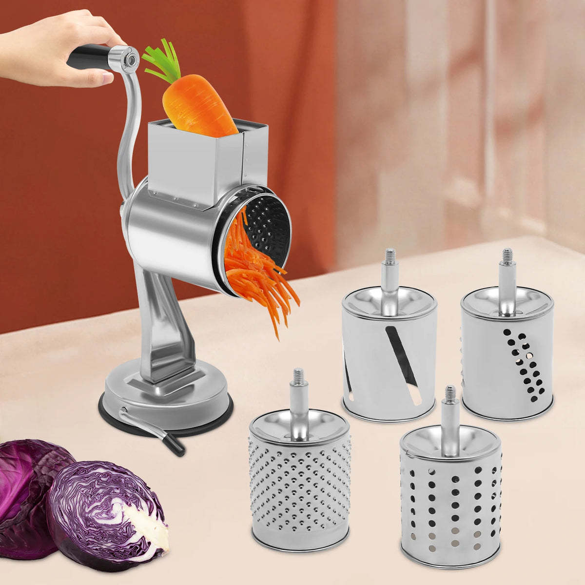 Stainless Steel Rotary Grater with 5 Drum Blades – Manual Cheese, Nut & Vegetable Shredder with Suction Base – Great for Salads & Toppings – Available in Silver, Silver & Silver Colours