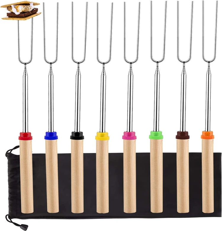 8 Piece Extendable Stainless Steel Roasting Sticks – Telescopic Marshmallow & BBQ Skewers – Great for Campfires, Fire Pits & S'mores