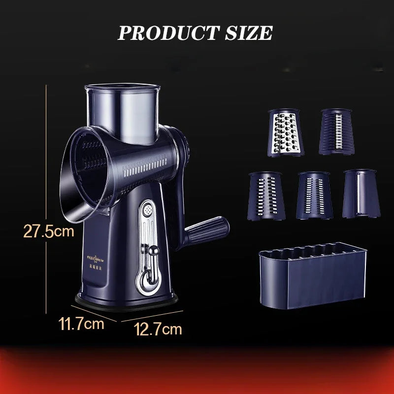 5-in-1 Rotary Cheese Grater – Multifunctional Slicer & Shredder with Easy-to-Swap Stainless Steel Interchangeable Rotating Drum Blades for Effortless Kitchen Prep