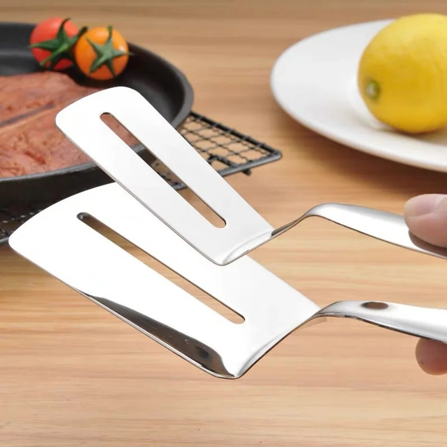 Stainless Steel Steak Tongs & Spatula Clip – Double-Sided Cooking Tongs for Fish, Meat & Pizza – Perfect for Flipping & Serving