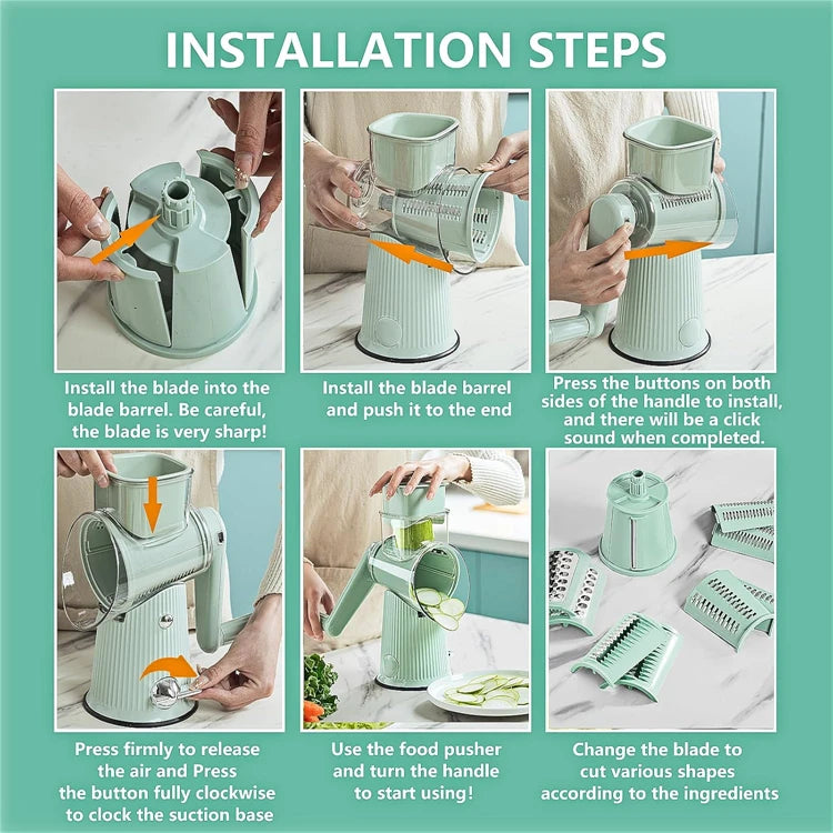 5-in-1 Rotary Cheese & Vegetable Grater with Handle & Suction Base – Multifunctional Manual Drum Grater / Slicer & Shredder with Easy-to-Swap Stainless Steel Interchangeable Rotating Drum Blades for Slicing, Shredding & Grinding (Light Green)