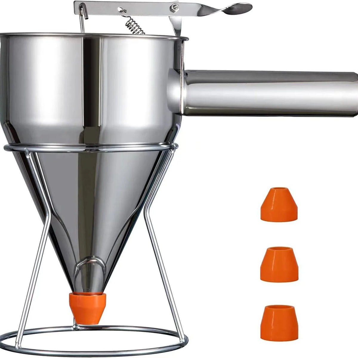 Stainless Steel Pancake Batter Dispenser with Stand – 4 Nozzle Multi-Size Funnel for Cakes, Muffins & Pastries – Best for Mess-Free Baking