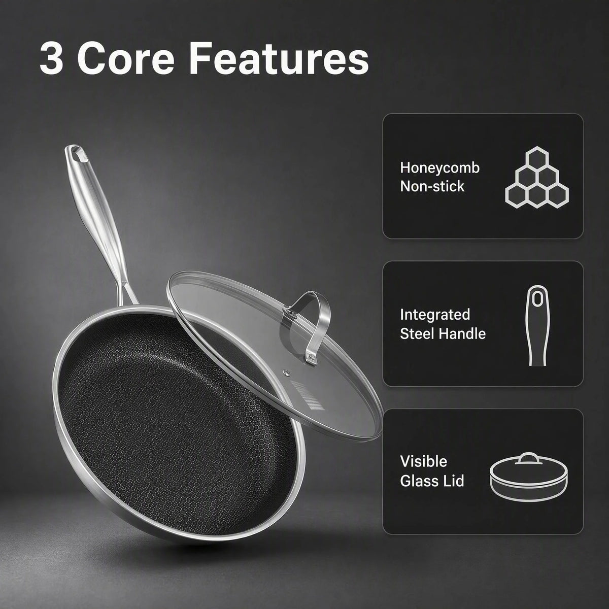 Honeycomb Stainless Steel Non-Stick Frying Pan with Lid – 3-Ply Scratch-Resistant Induction Skillet with Hanging Handle – Ideal for Low-Oil Cooking (28cm)